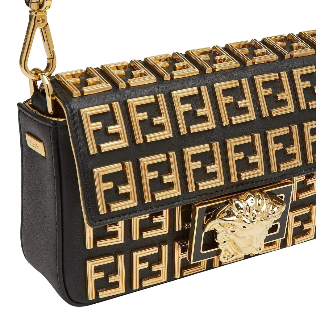 Fendi x Versace Black Leather FF Embellished Mini Baguette Bag
