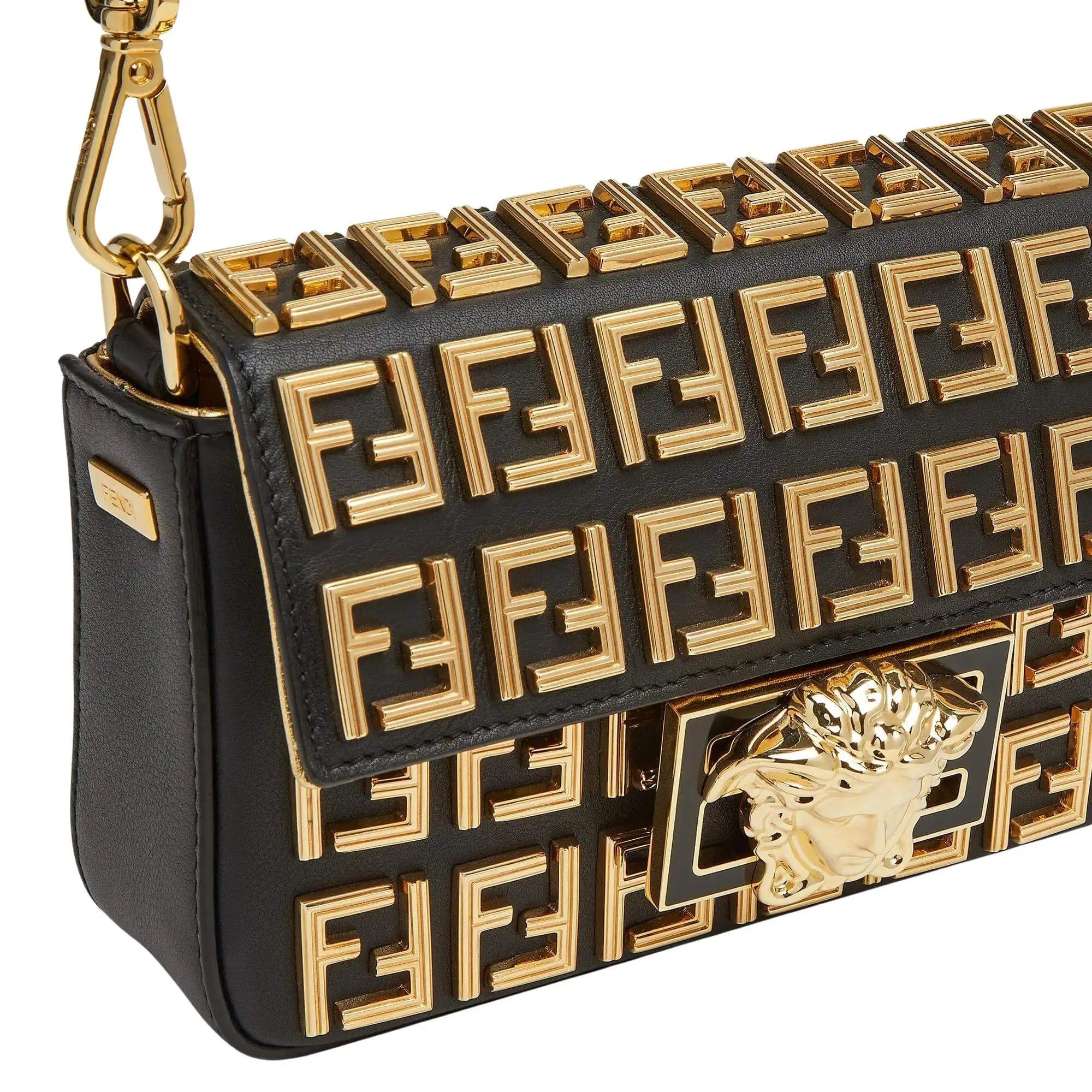 Fendi x Versace Black Leather FF Embellished Mini Baguette Bag