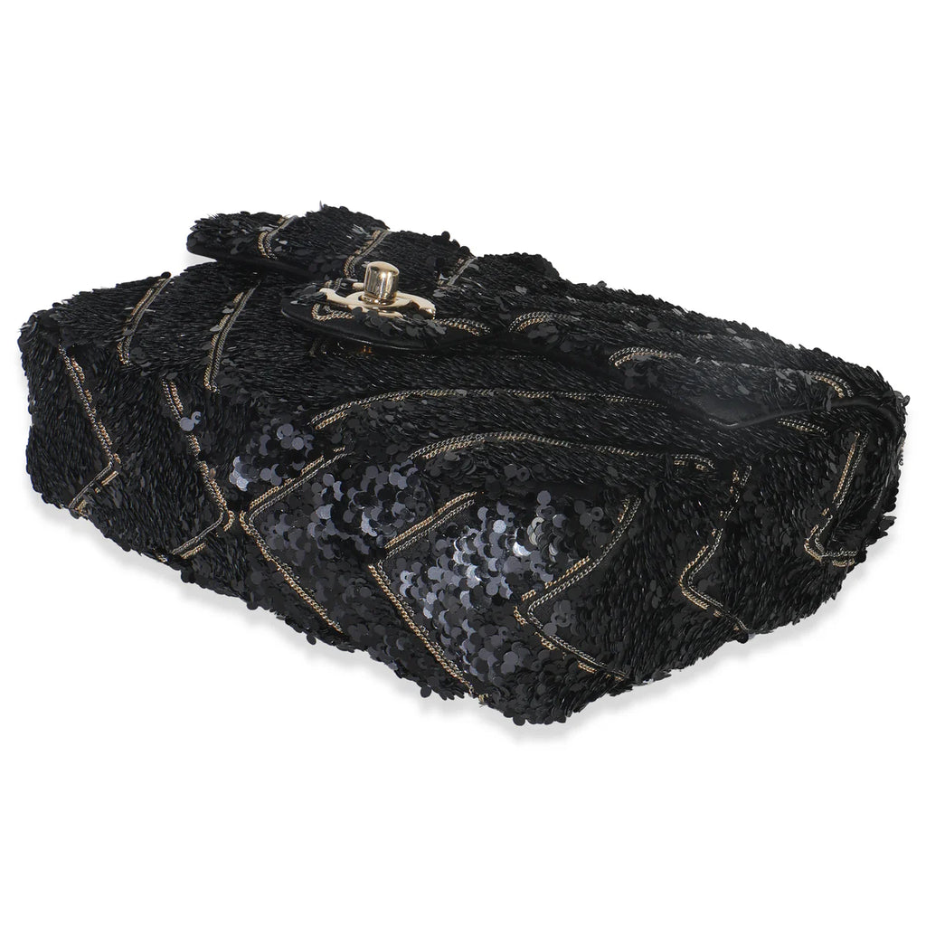 CHANEL - Black Silk Sequin Chain Chevron Mini Single Flap Bag