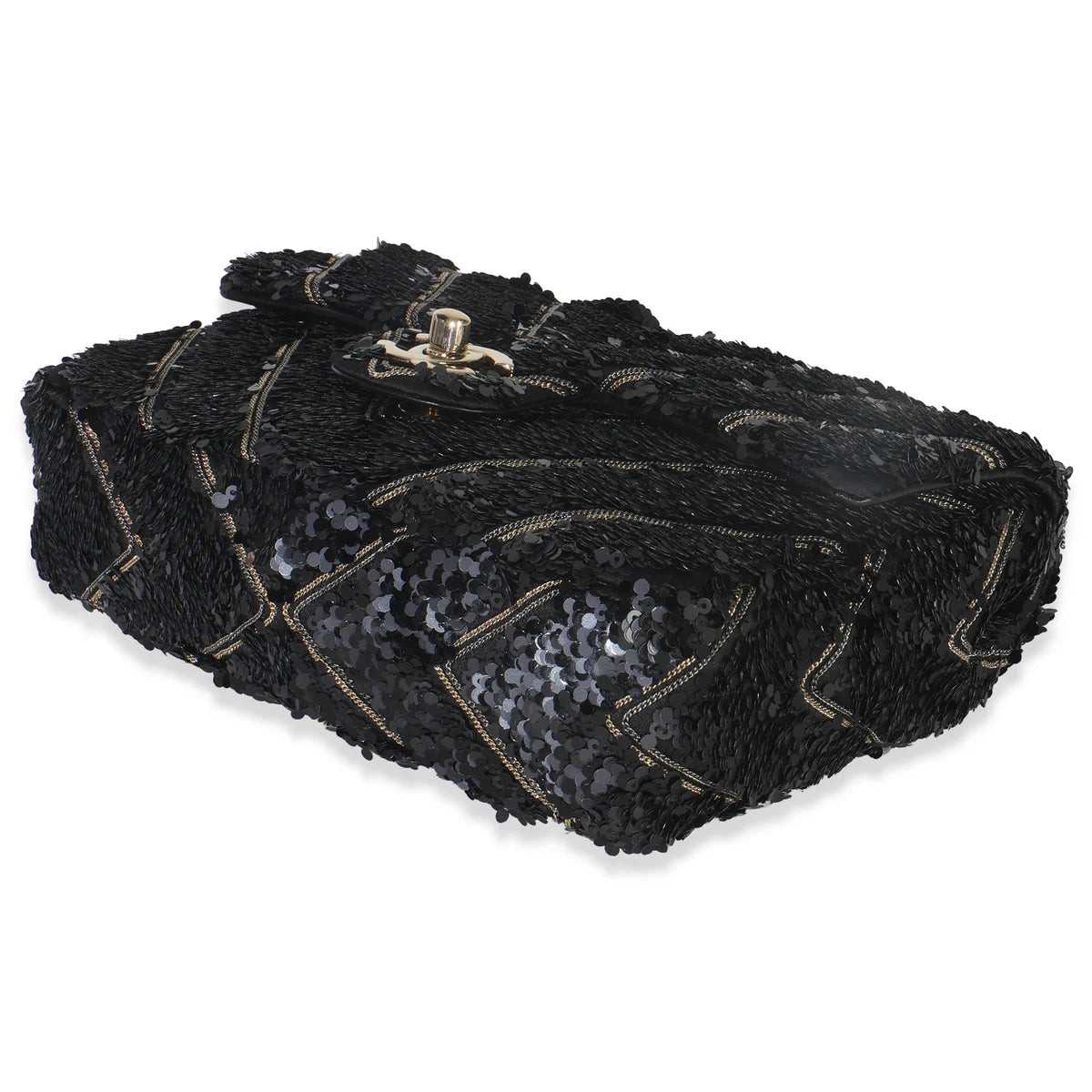 CHANEL - Black Silk Sequin Chain Chevron Mini Single Flap Bag
