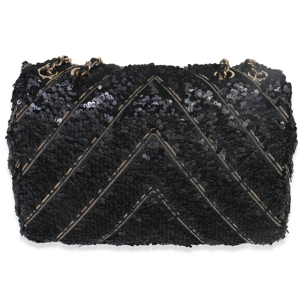 CHANEL - Black Silk Sequin Chain Chevron Mini Single Flap Bag