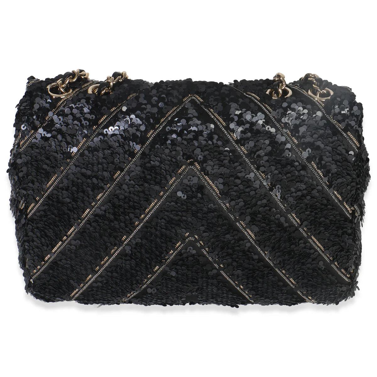 CHANEL - Black Silk Sequin Chain Chevron Mini Single Flap Bag
