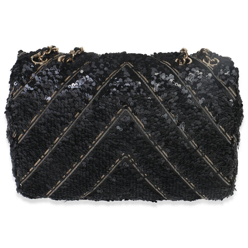 CHANEL - Black Silk Sequin Chain Chevron Mini Single Flap Bag
