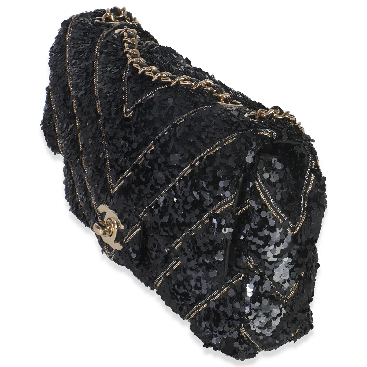 CHANEL - Black Silk Sequin Chain Chevron Mini Single Flap Bag