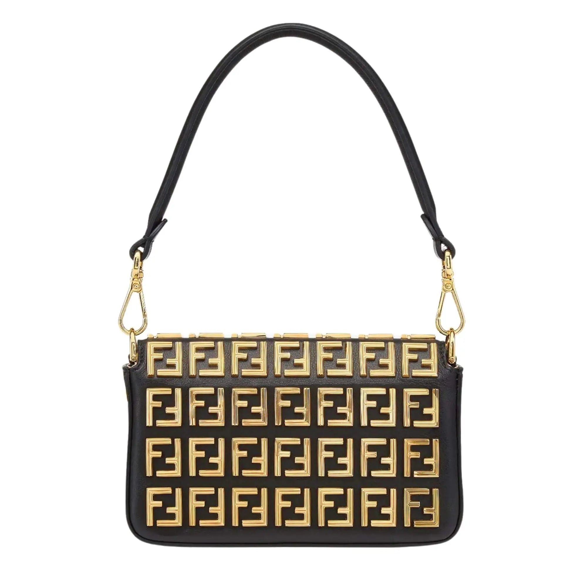 Fendi x Versace Black Leather FF Embellished Mini Baguette Bag