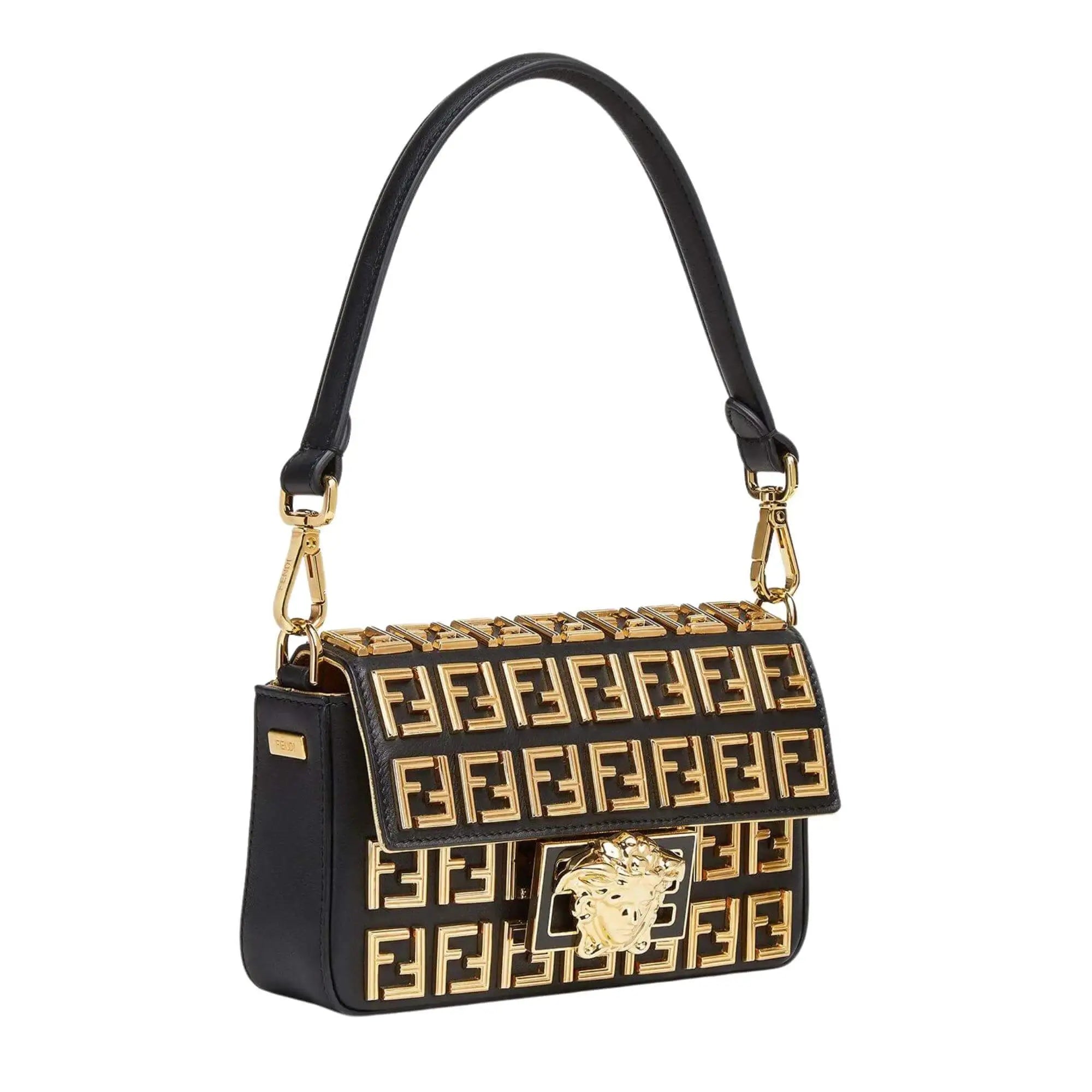 Fendi x Versace Black Leather FF Embellished Mini Baguette Bag