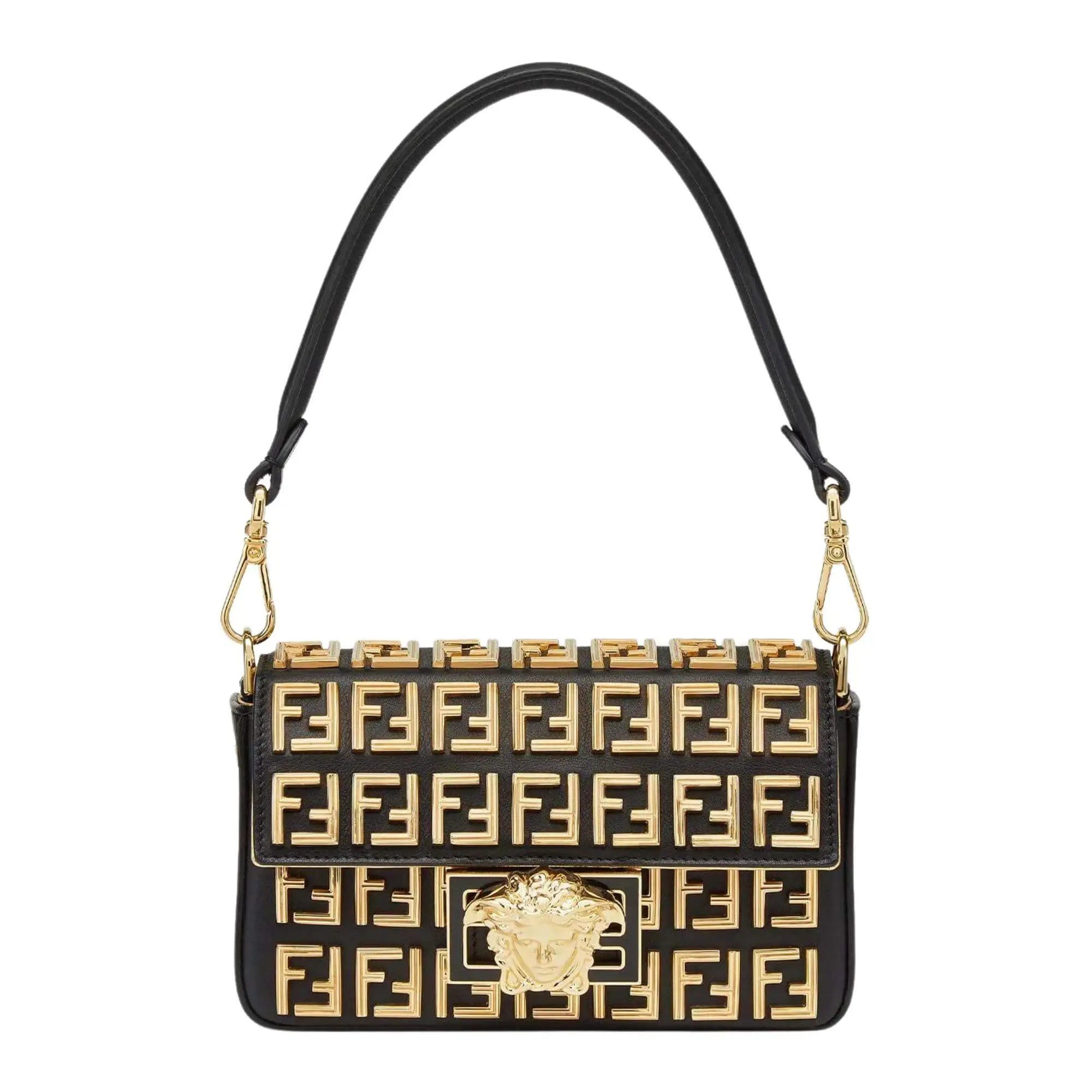 Fendi x Versace Black Leather FF Embellished Mini Baguette Bag