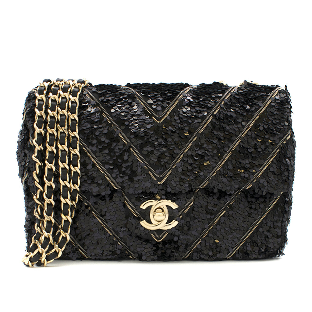 CHANEL - Black Silk Sequin Chain Chevron Mini Single Flap Bag