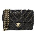 CHANEL - Black Silk Sequin Chain Chevron Mini Single Flap Bag