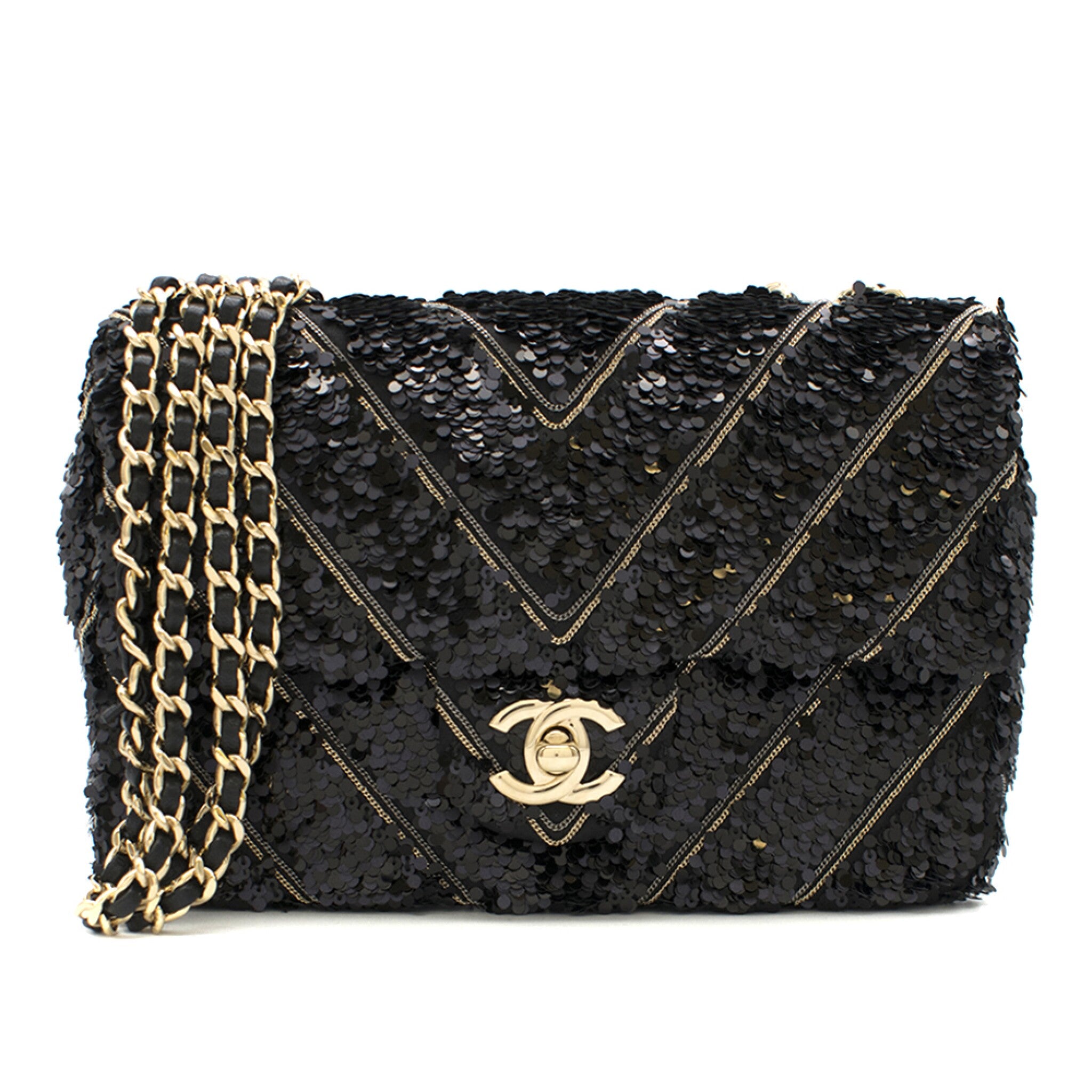 CHANEL - Black Silk Sequin Chain Chevron Mini Single Flap Bag